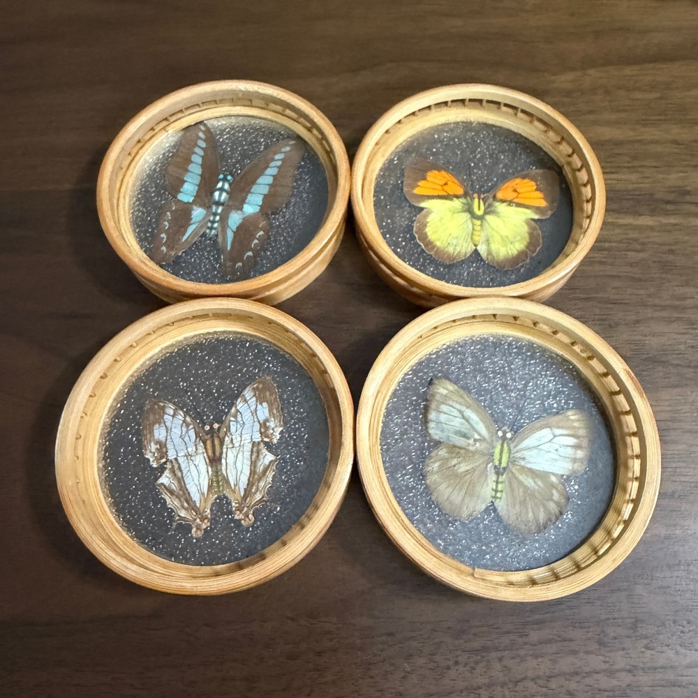 4 Vintage Maison International Pressed Butterfly Bamboo Boho Coasters‎ Japan